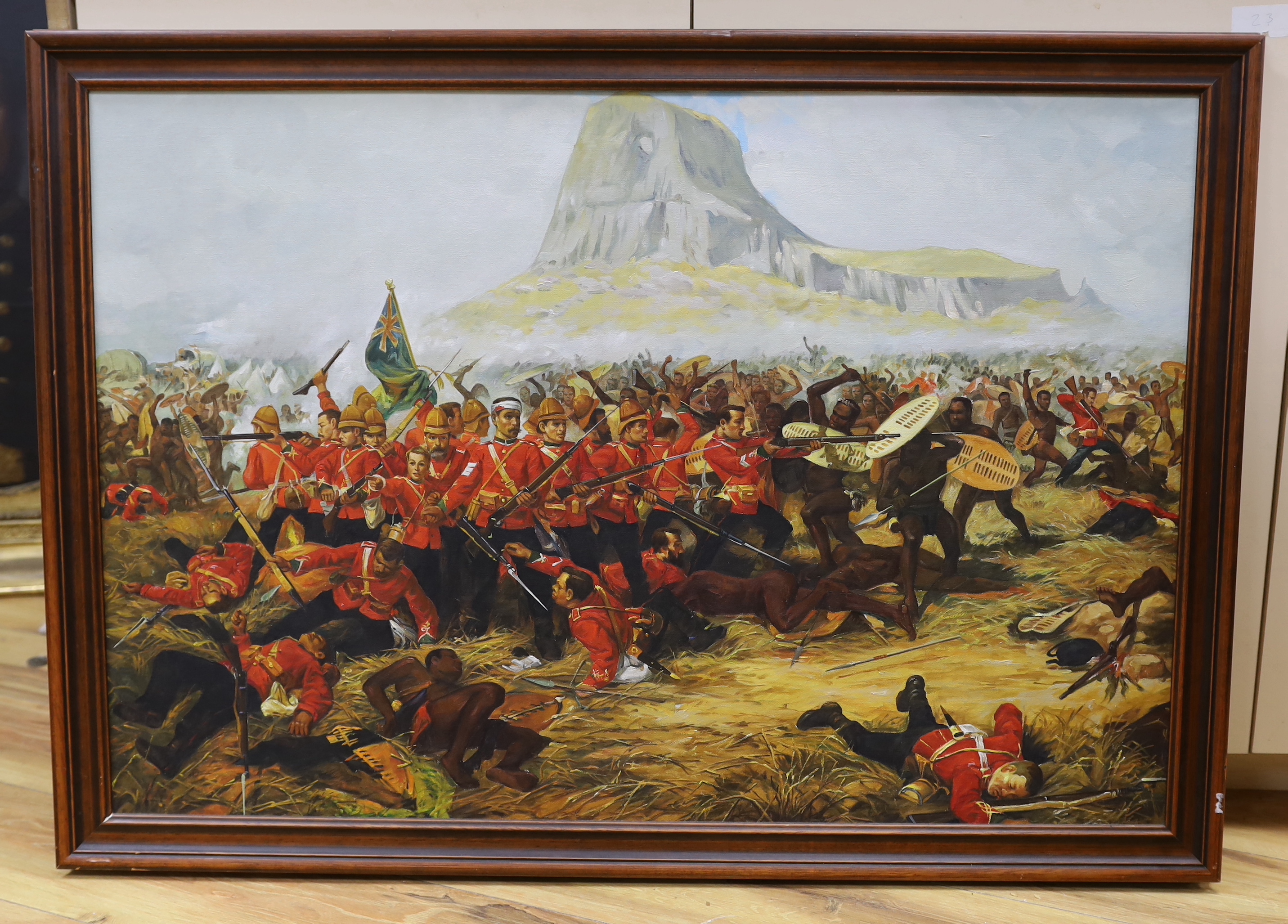 Military oil on board, Zulu War action at the battle of Isandlwana 1879, 60 x 88cm